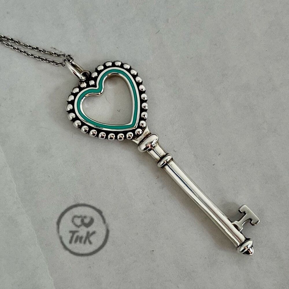 Tiffany & Co Large 2" Teal Blue Enamel Heart Beaded Trefoil Key Charm Pendant Ne
